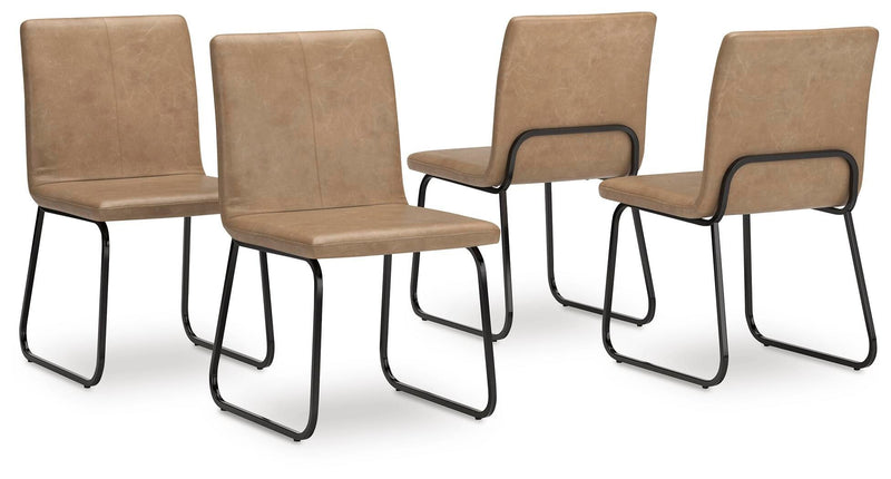 Set of four tan dining side chairs with curved backs and black metal sled legs