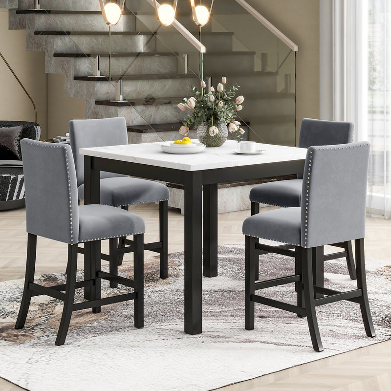 5-piece Counter Height Dining Table Set with One Faux Marble Top Dining Table and Four Velvet-Upholstered Chairs, Grey, Glam