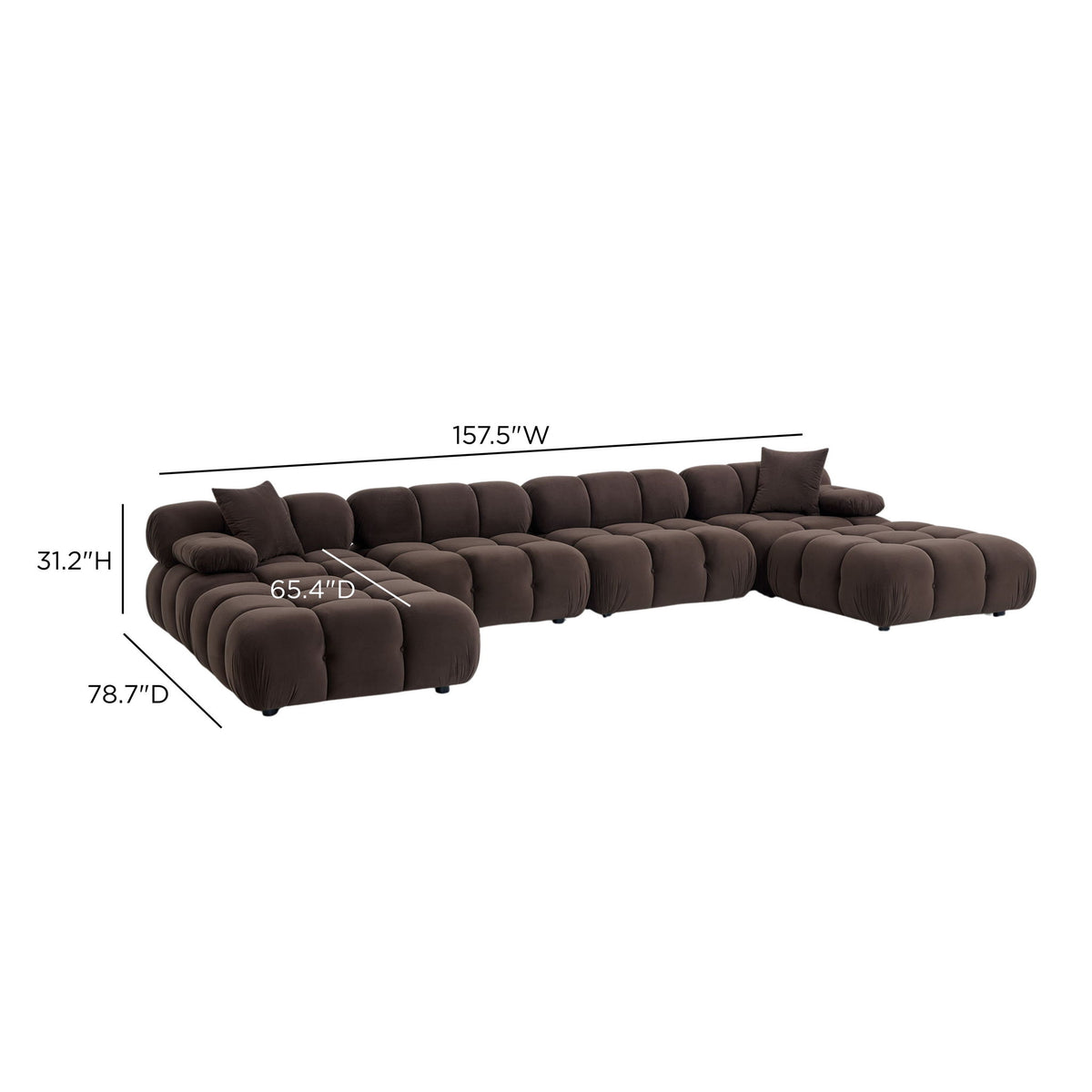 Dark brown modular sectional sofa with rounded arms and blocky seat/backs; labeled size diagram