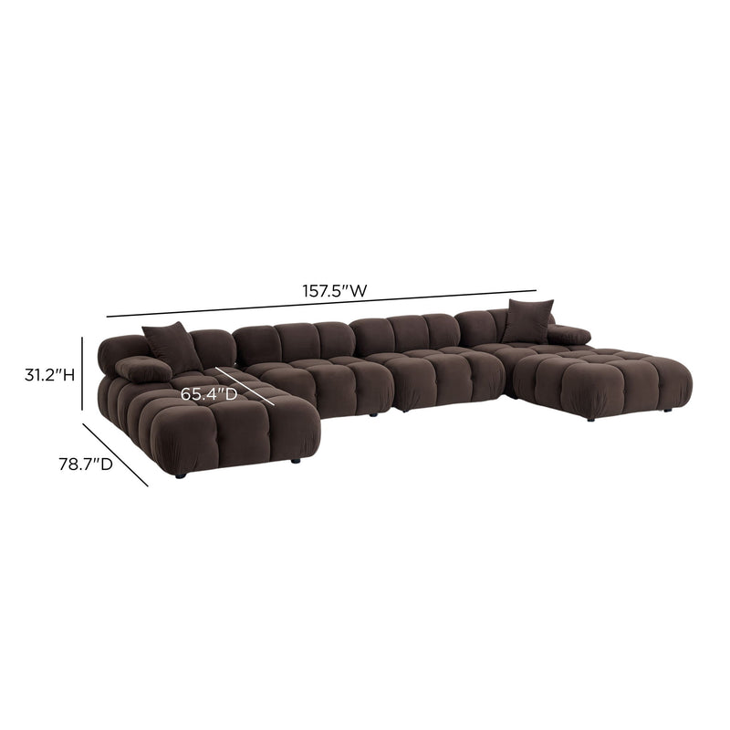 Dark brown modular sectional sofa with rounded arms and blocky seat/backs; labeled size diagram