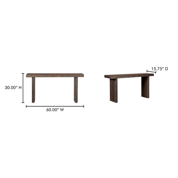 Aged brown console table, 60 in W x 30 in H x 15.75 in D, tapered legs