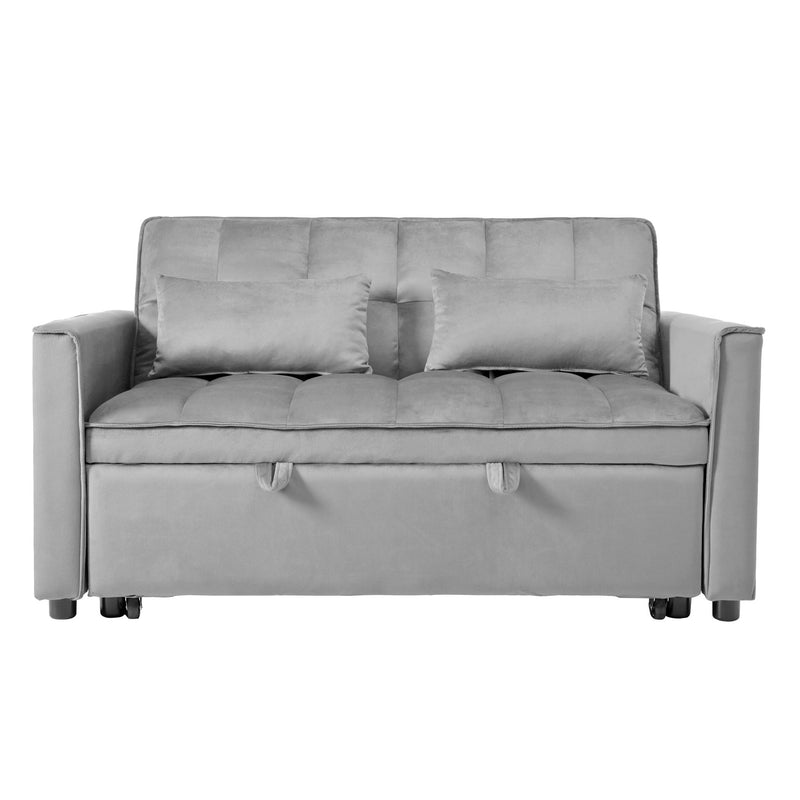 Gray velvet-look convertible sofa bed with tufted back cushions and pull-out mattress