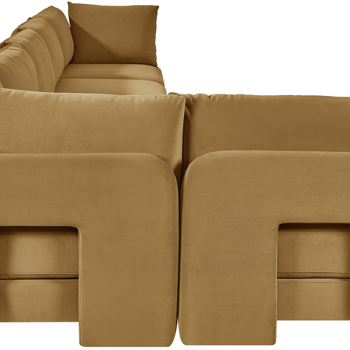 Beige velvet performance L-shaped sectional sofa with rounded arms and back cushions