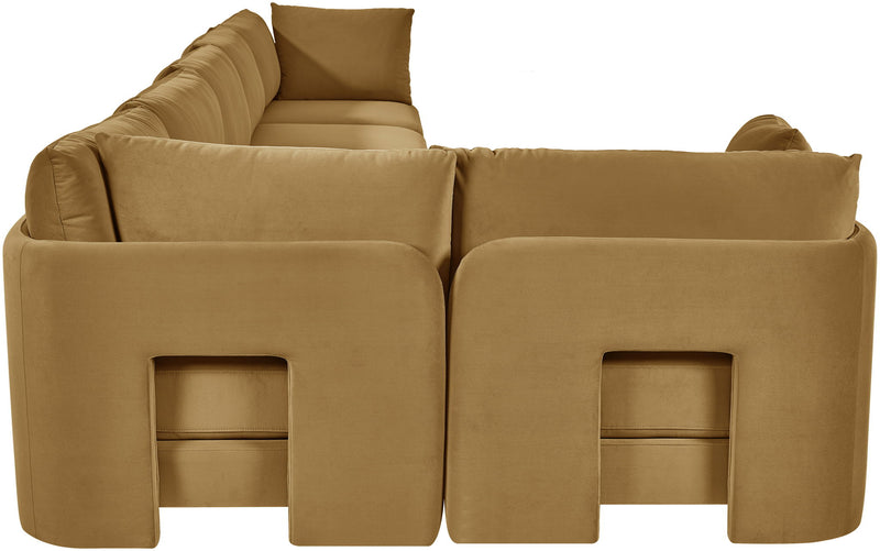 Beige velvet performance L-shaped sectional sofa with rounded arms and back cushions