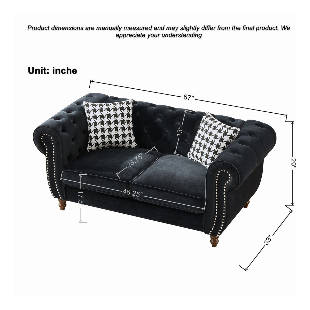 Chesterfield 3 And 2 Seater Velvet Upholstery Sofa With Roll Armrest & Nailhead Fabric Couch