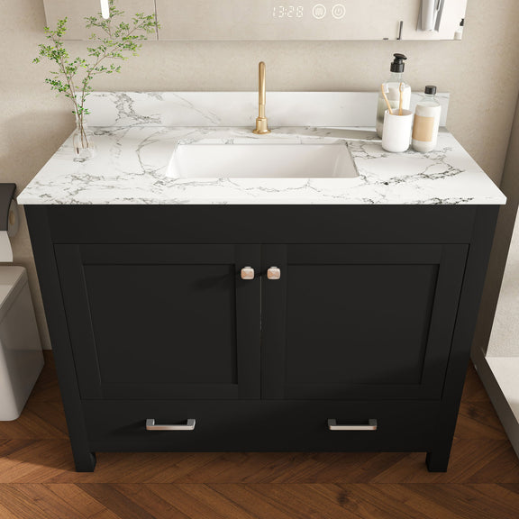Black bathroom vanity set with marble-look countertop, sink basin, two doors, two drawers