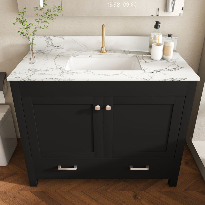 Black bathroom vanity set with marble-look countertop, sink basin, two doors, two drawers