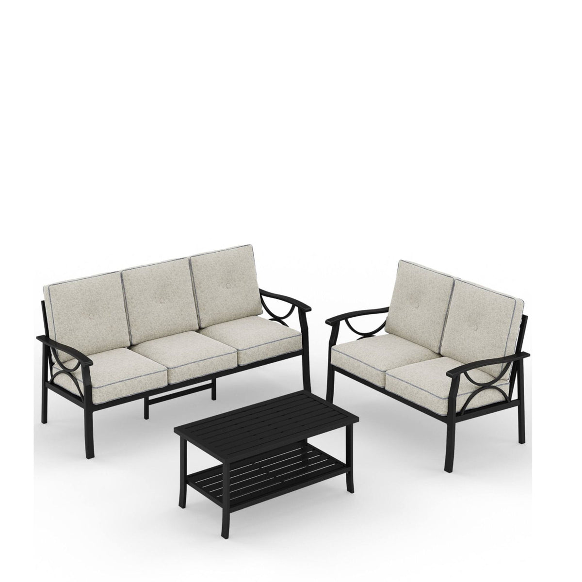 Gray outdoor loveseat and two armchairs with cushioned seats and slatted coffee table