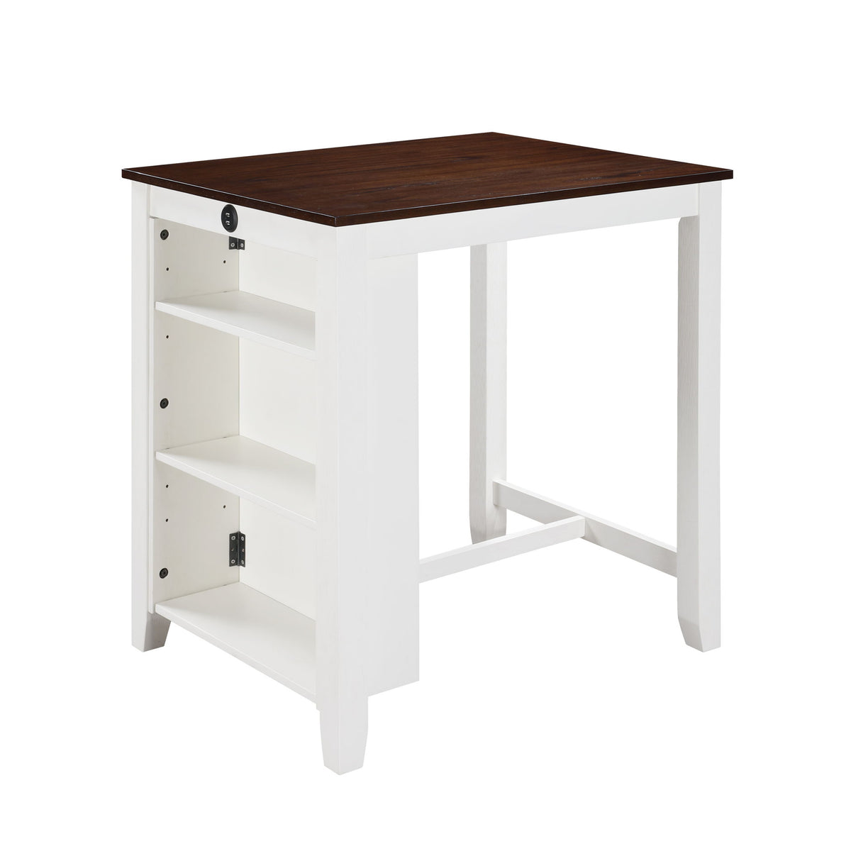 White counter-height dining table with dark top and open shelving compartments