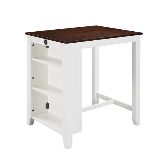 White counter-height dining table with dark top and open shelving compartments