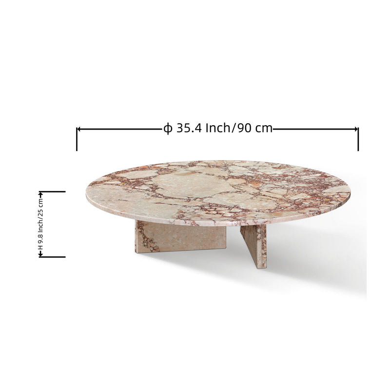Round stone coffee table with beige top and brown veining, square pedestal support