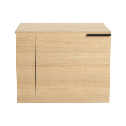 Light wood bathroom vanity cabinet with two doors and dark bar handle