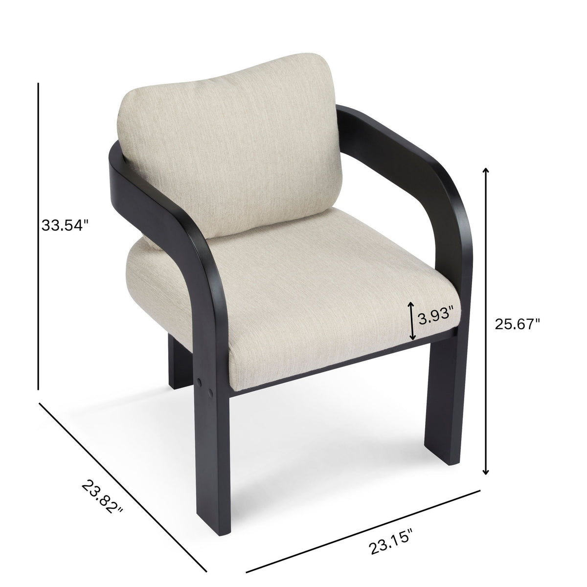Dining chair with beige padded seat and back, black curved arms, and visible dimensions