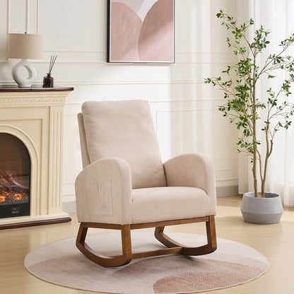 27.2'W Rocking Chair for Nursery, Polyester Glider Chair with High Back and Side Pocket, Rocking Accent Armchair with Rubber Wood Legs for Living Room/Bedroom, Beige