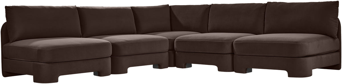 Dark brown velvet 5-piece armless sectional sofa, long profile with back cushions