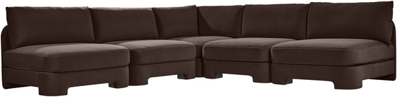 Dark brown velvet 5-piece armless sectional sofa, long profile with back cushions