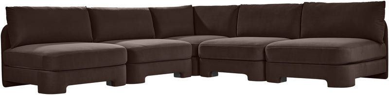 Dark brown velvet 5-piece armless sectional sofa, long profile with back cushions