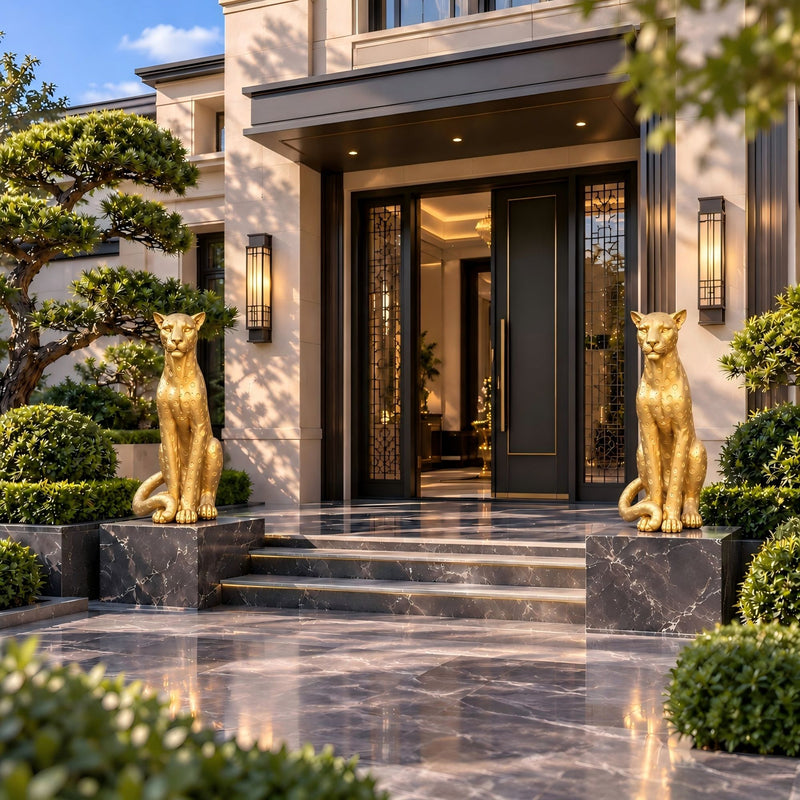 Gold leopard statues displayed as a matching pair, each seated upright with a curled tail