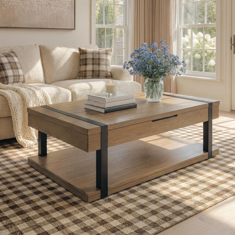 Light brown living room coffee table with black legs and double-tier shelving.