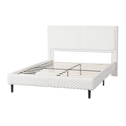 Upholstered queen bed frame with padded headboard, white textured fabric, slat support