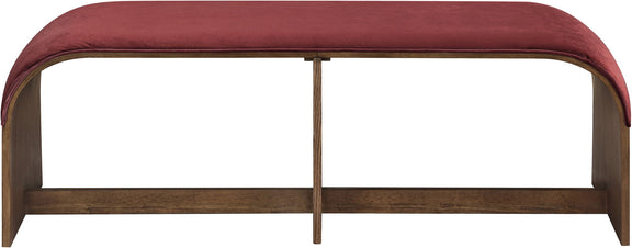 Burgundy velvet upholstered bench with curved back and exposed wooden frame
