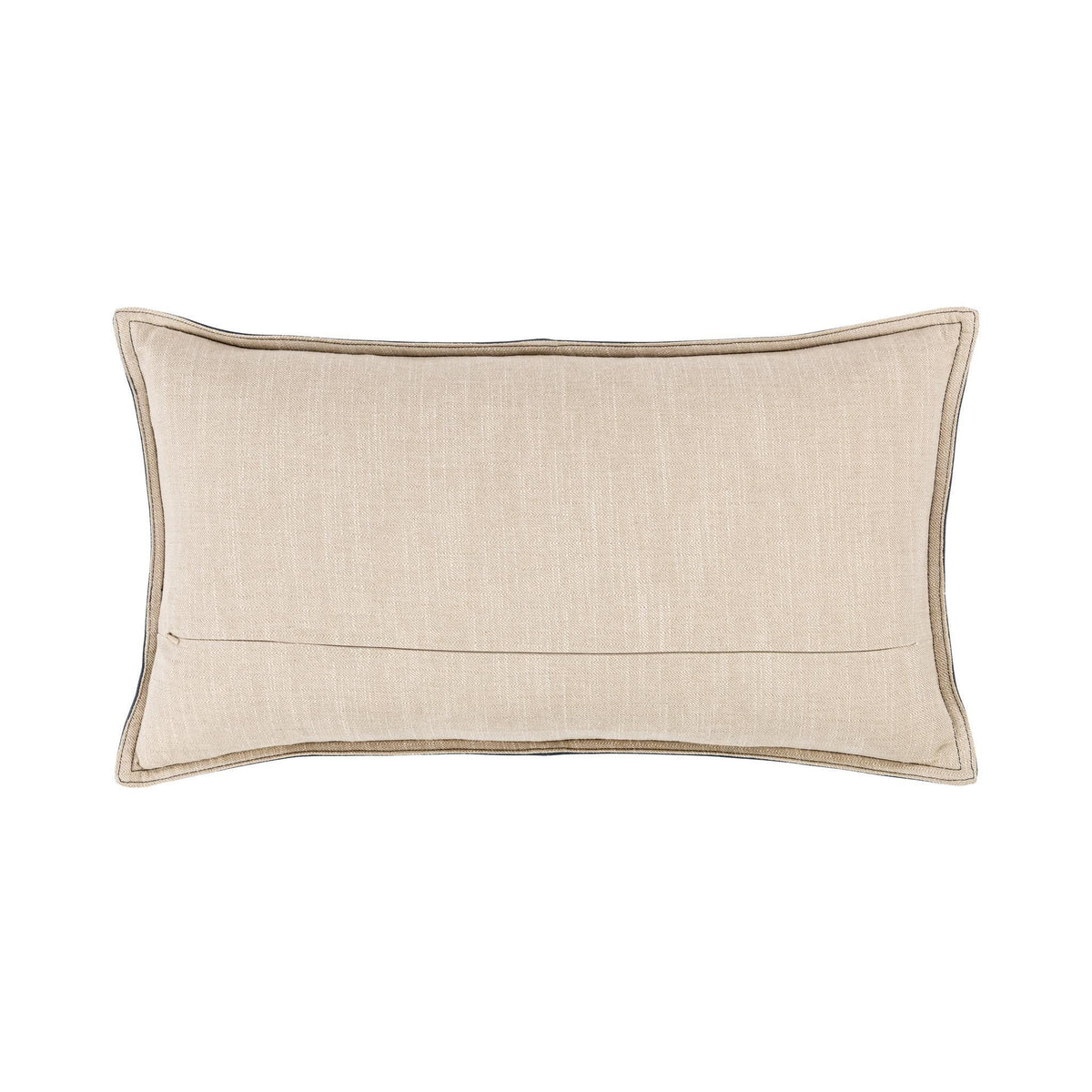 Light beige linen-look lumbar pillow with contrast border and stitched center line.