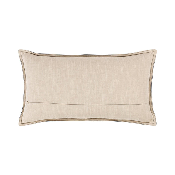 Light beige linen-look lumbar pillow with contrast border and stitched center line.
