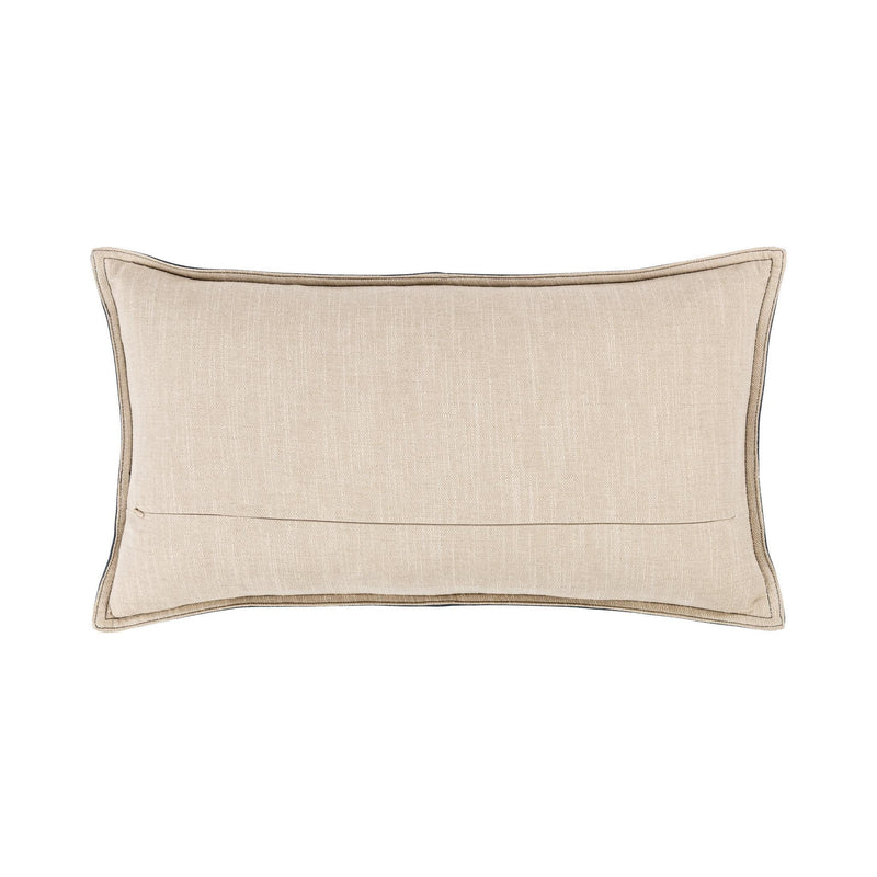 Light beige linen-look lumbar pillow with contrast border and stitched center line.