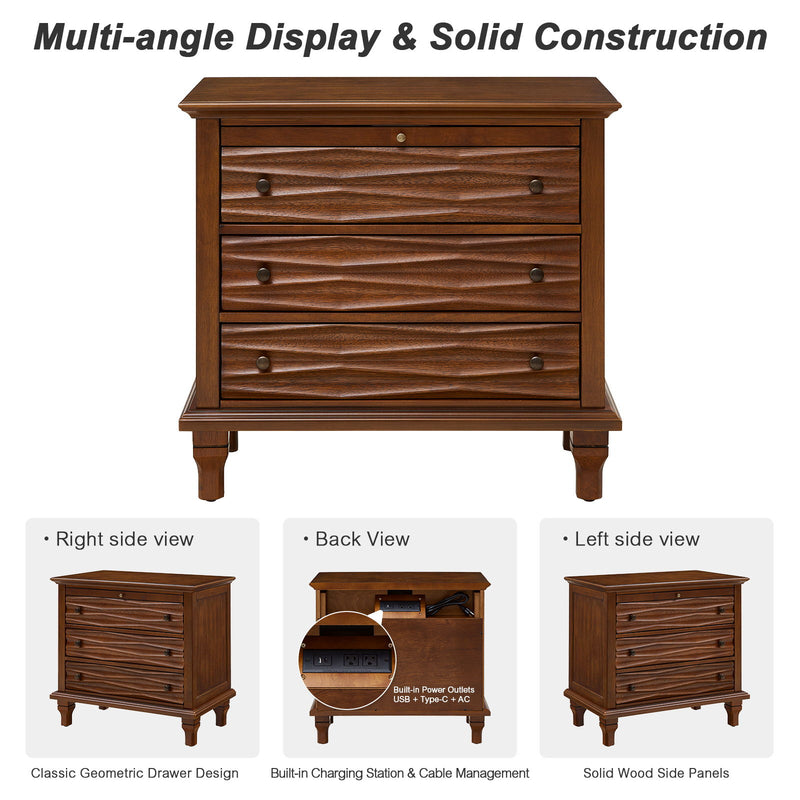Dark brown three-drawer nightstand shown from multiple angles, with rear charging ports