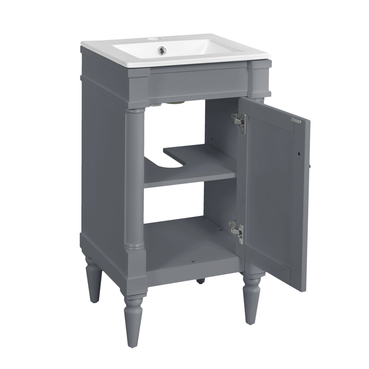 Dark gray bathroom vanity with drop-in sink and open storage compartment, cabinet door included