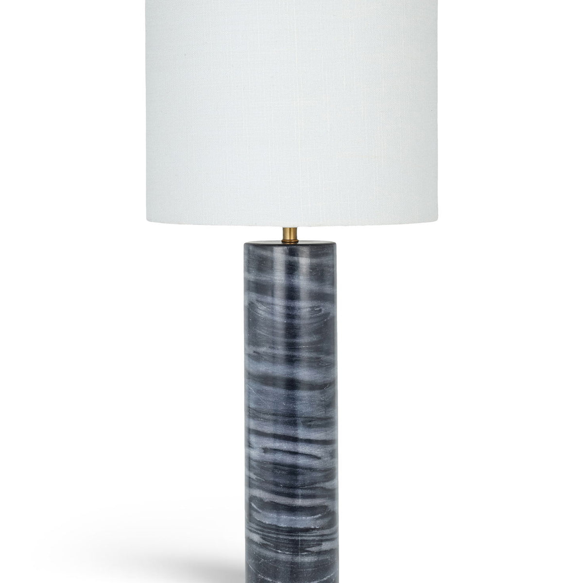 Textured fabric table lamp with white drum shade and dark gray stone-textured base