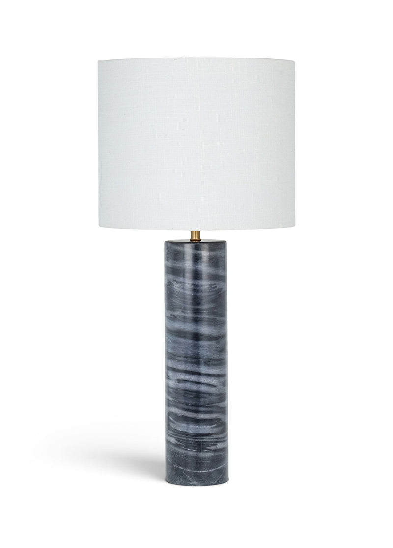 Textured fabric table lamp with white drum shade and dark gray stone-textured base