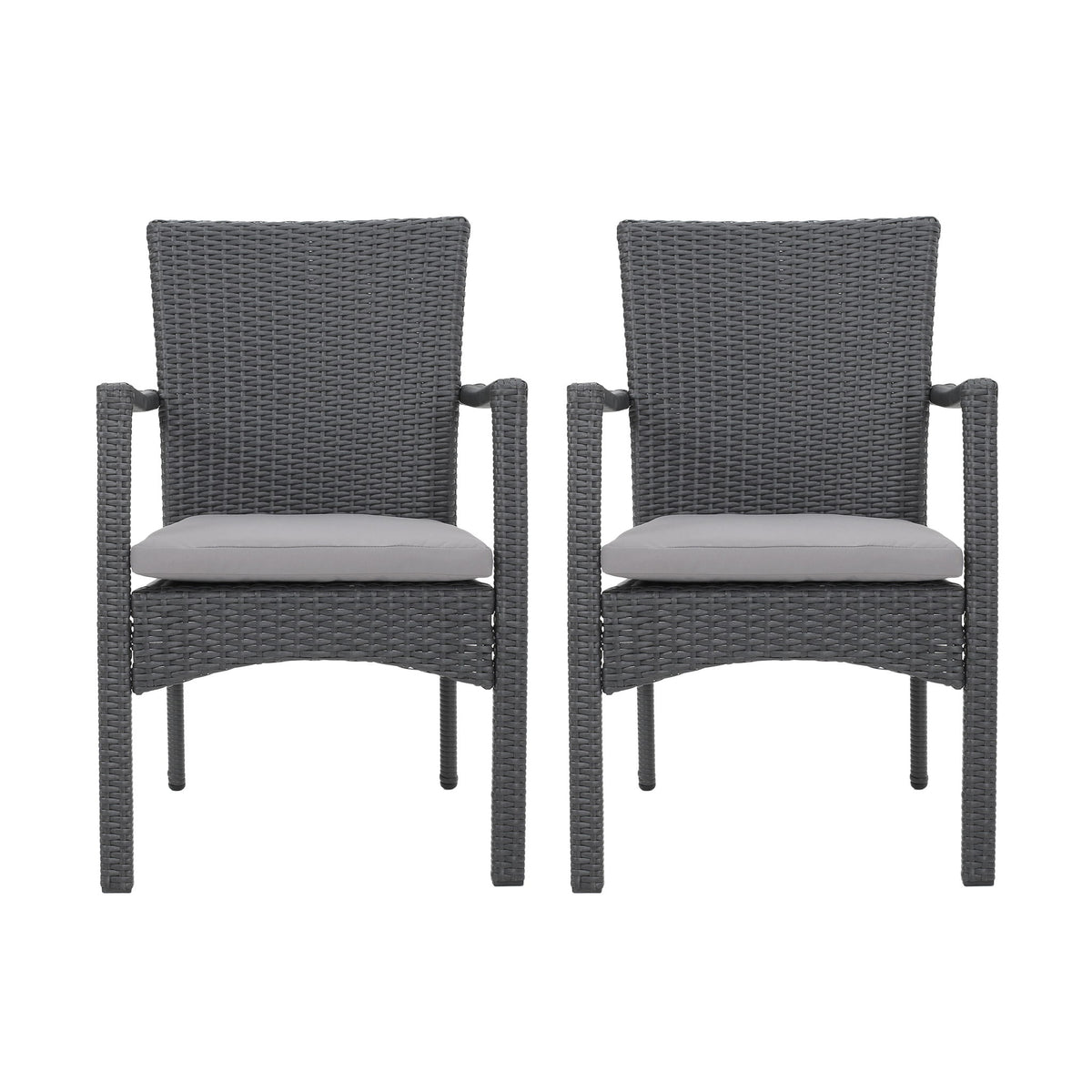 Gray woven dining chairs set of 2 with padded seat cushions and curved armrests