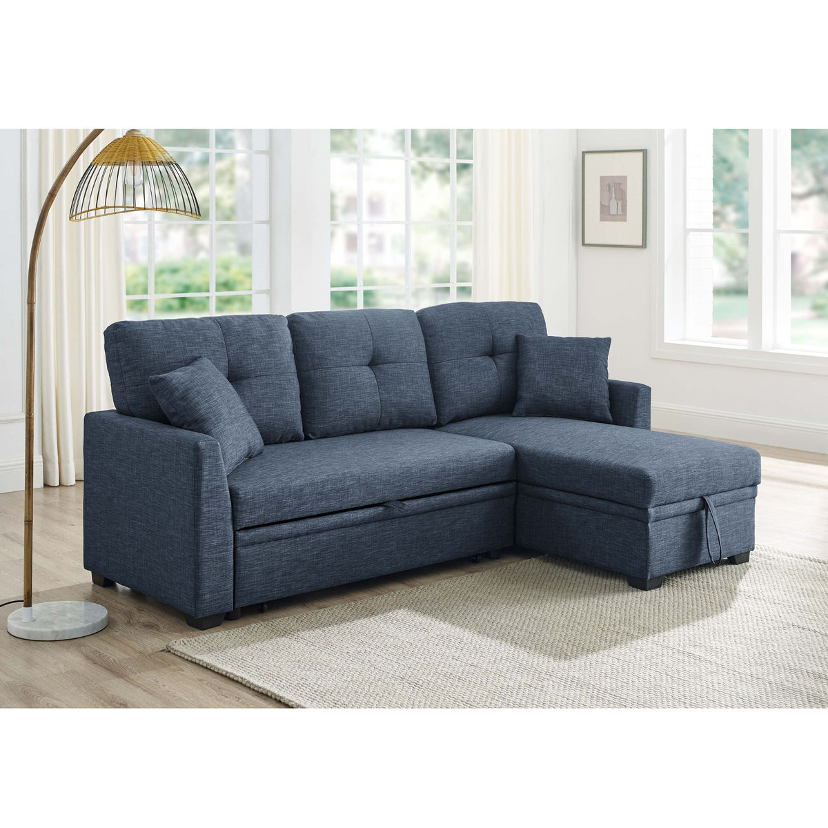 Dark blue upholstered sectional with chaise storage and tufted back pillows