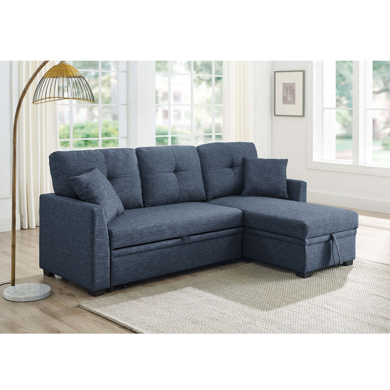Dark blue upholstered sectional with chaise storage and tufted back pillows
