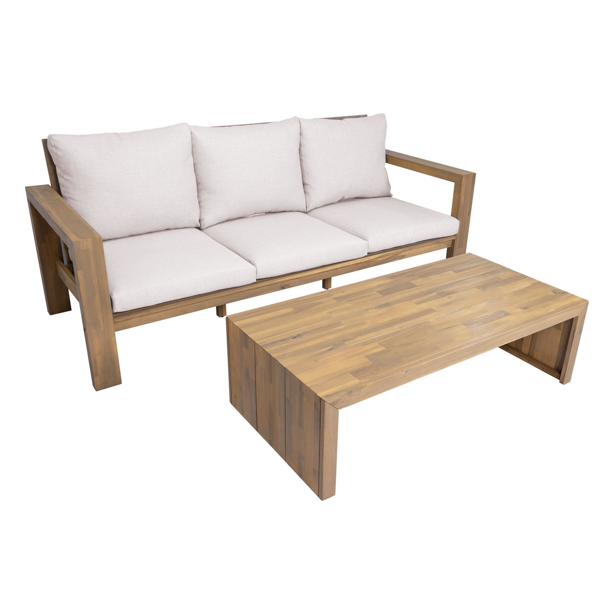 Outdoor 3-seat sofa with white seat cushions and light wood frame, with wooden coffee table