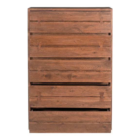 Brown wooden chest of drawers with four horizontal drawers and simple pull handles