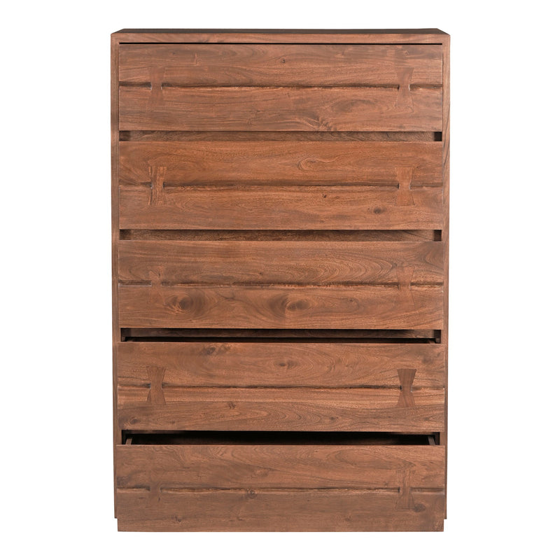 Brown wooden chest of drawers with four horizontal drawers and simple pull handles