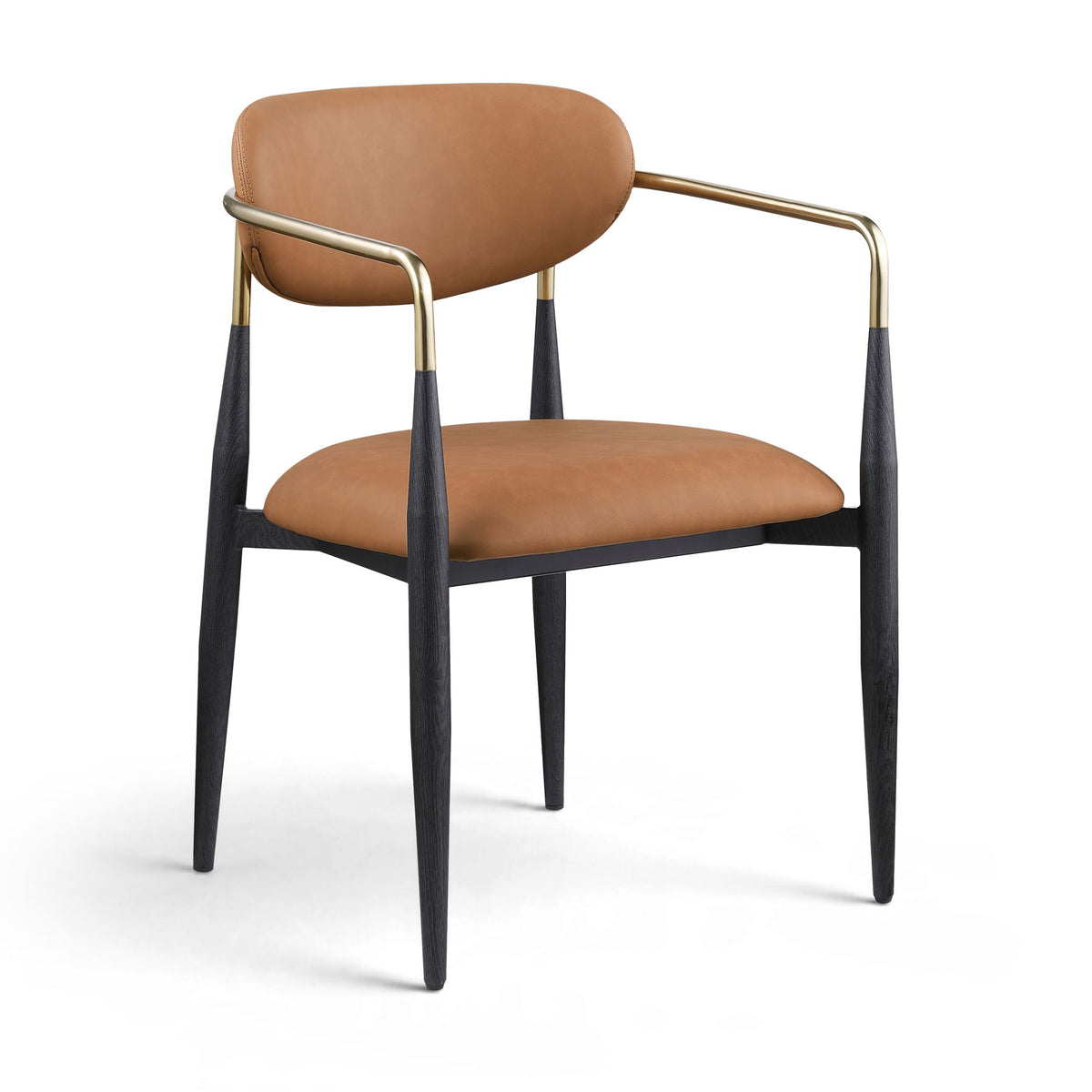 Upholstered dining arm chair with brown seat and back, black legs, gold arm frame