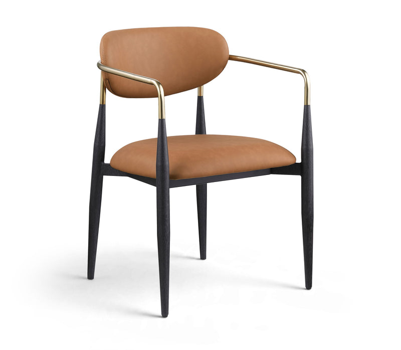 Upholstered dining arm chair with brown seat and back, black legs, gold arm frame