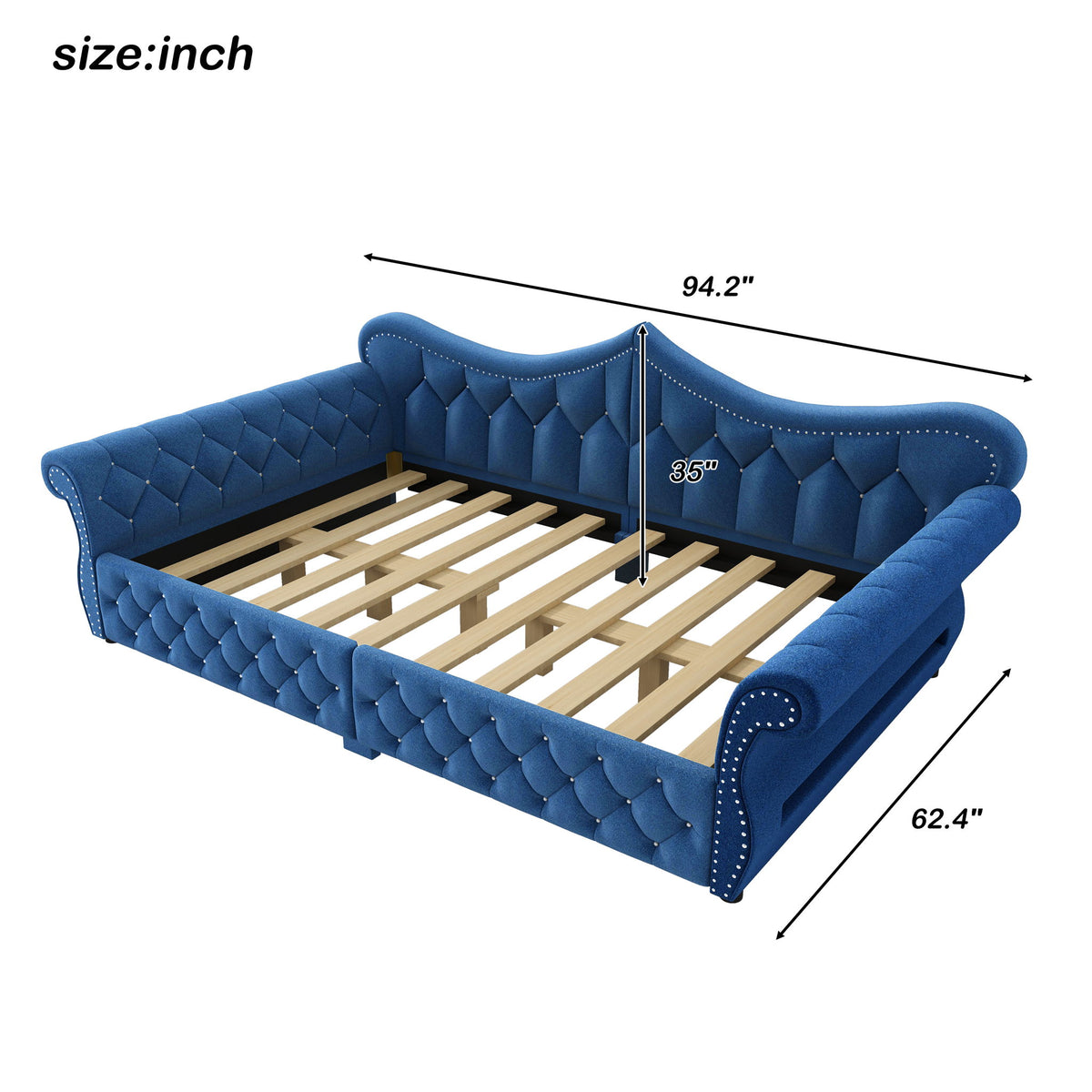 Blue upholstered daybed with tufted panels and slatted mattress platform