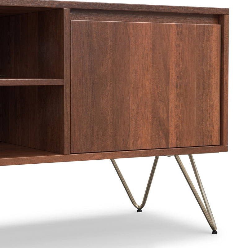Umber brown TV media stand front corner with visible wood grain and open interior shelf