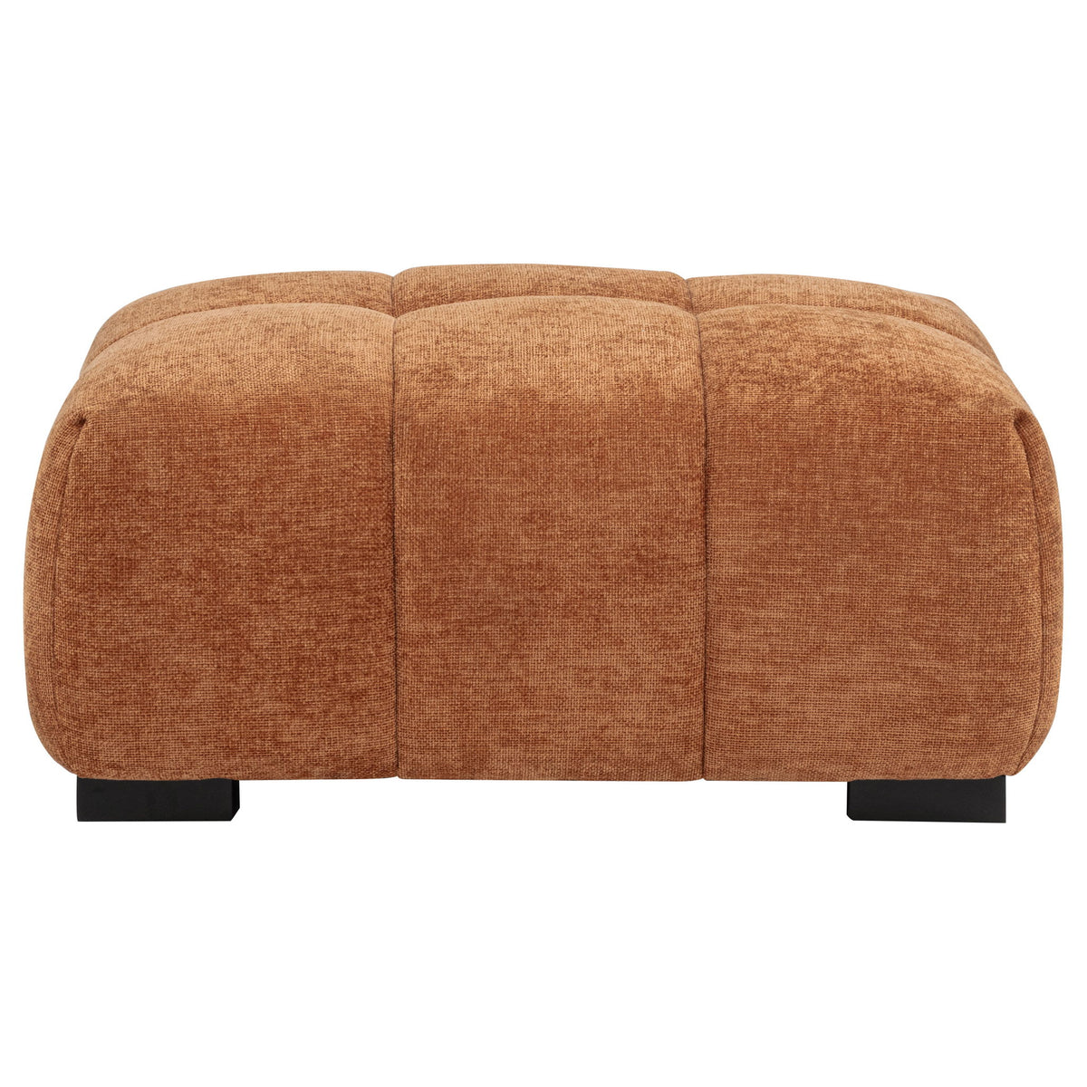 Brown rectangular upholstered ottoman with tufted top and low black legs.