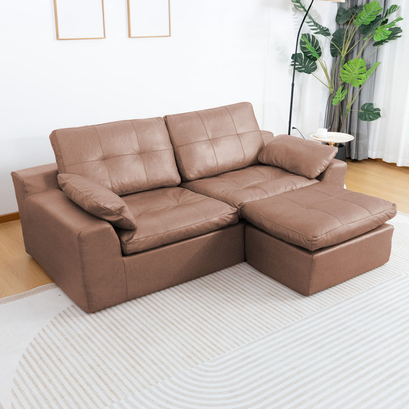 L-shaped 2-seater sofa with movable ottoman, medium brown fabric cushions.