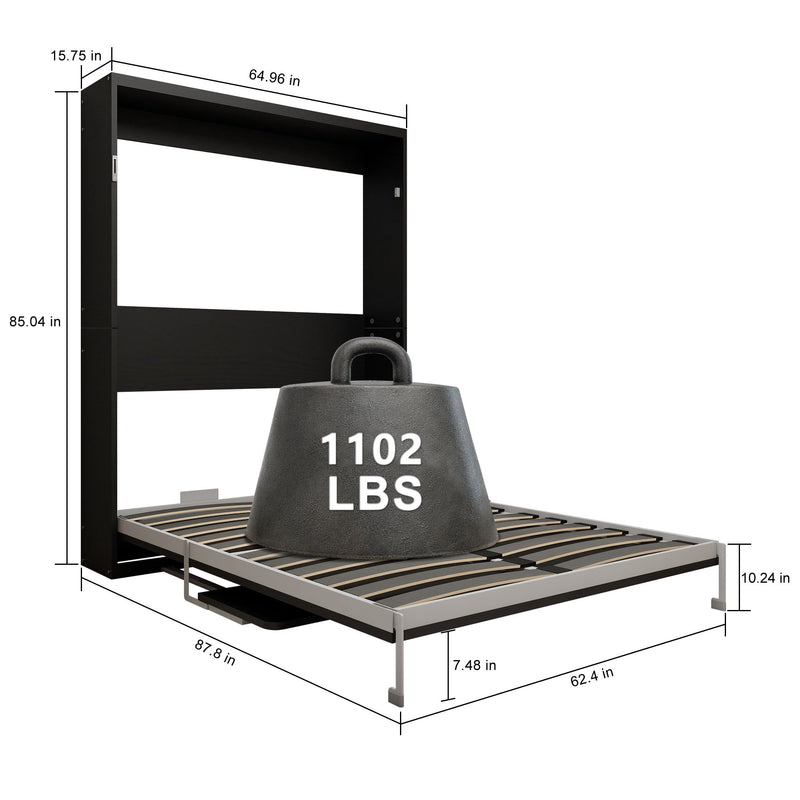 Black vertical Murphy wall bed with dimensions and 1102 lbs weight rating