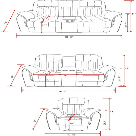 Gray reclining console loveseat with labeled seat, back, and arm dimensions