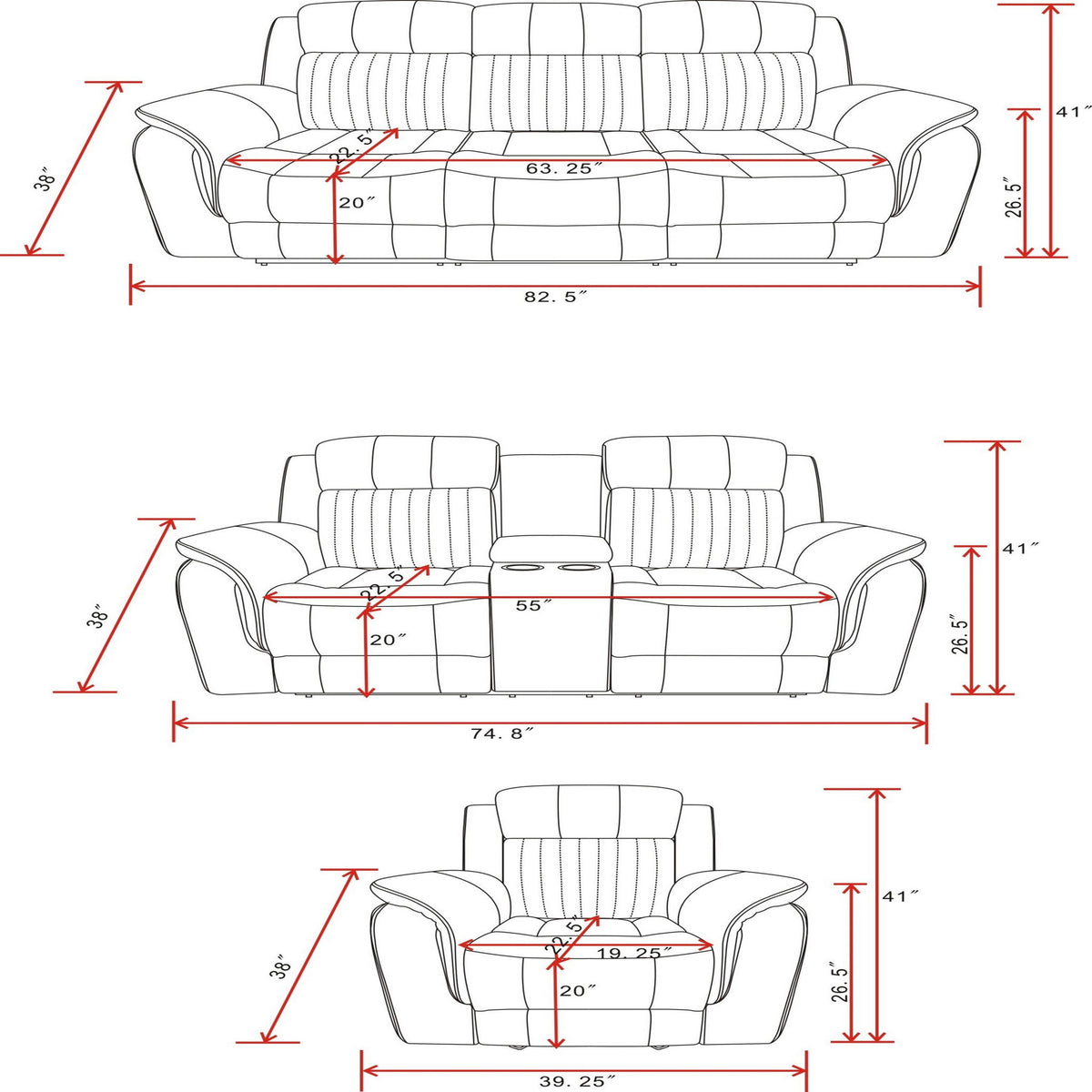 Reclining sofa technical line drawing showing side and front views with dimensions