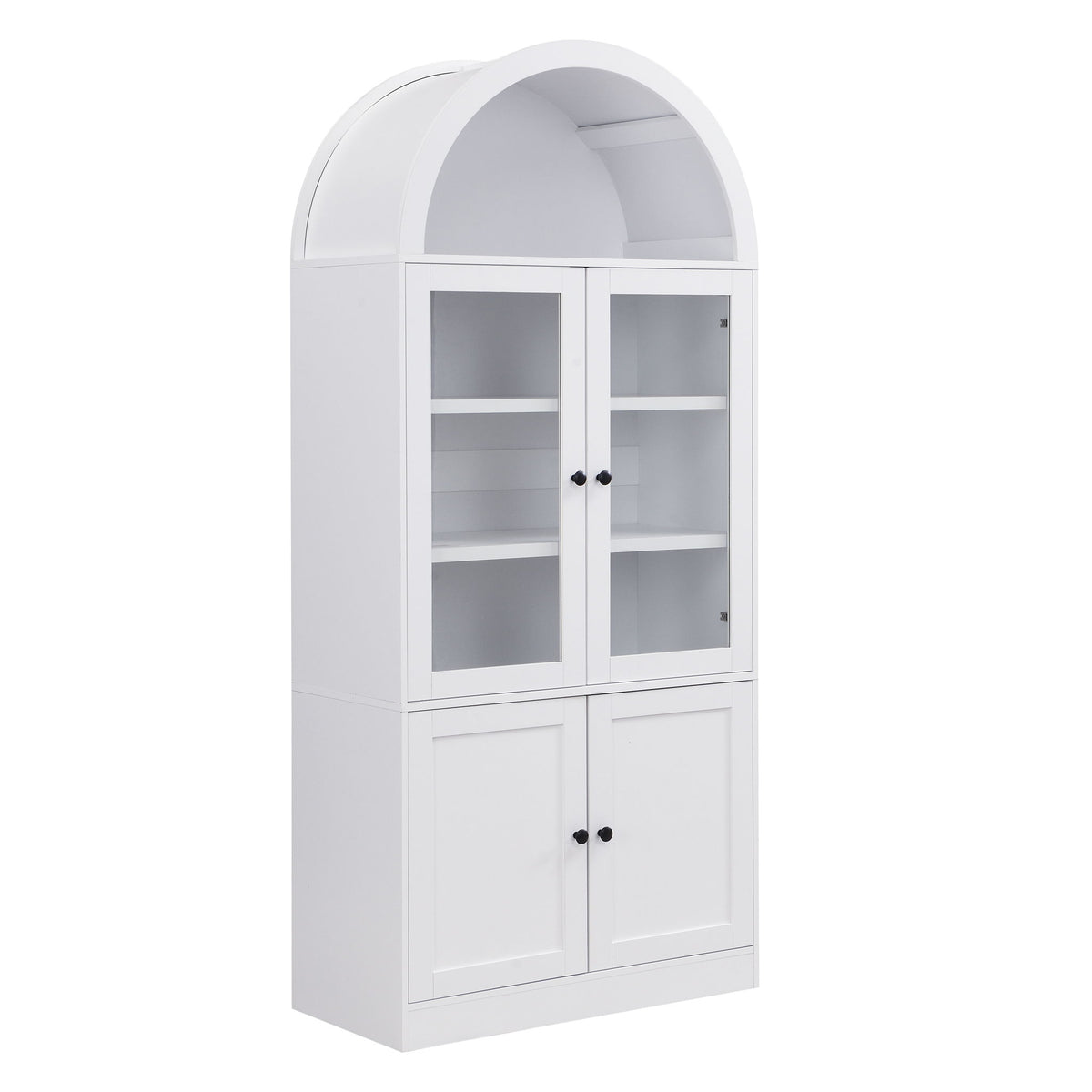 White arched-top storage cabinet with glass doors and five-tier shelving inside