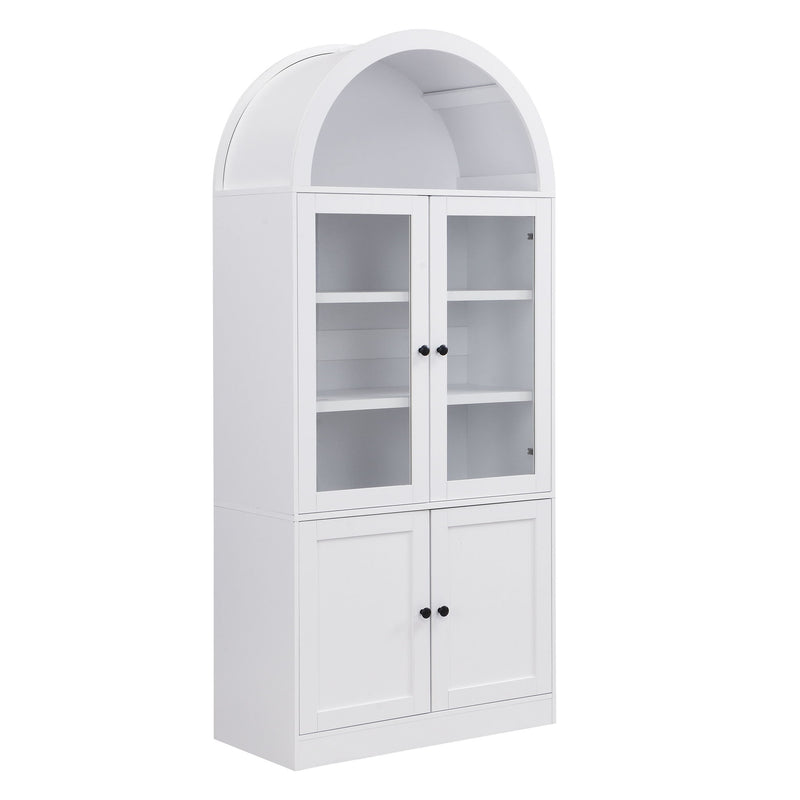 White tall storage cabinet with arched top, glass doors, and 5-tier shelves