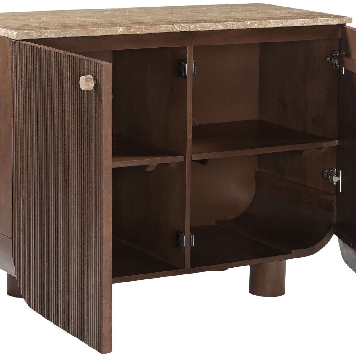 Mango wood sideboard with open doors and interior shelves, vertical ribbed front and feet